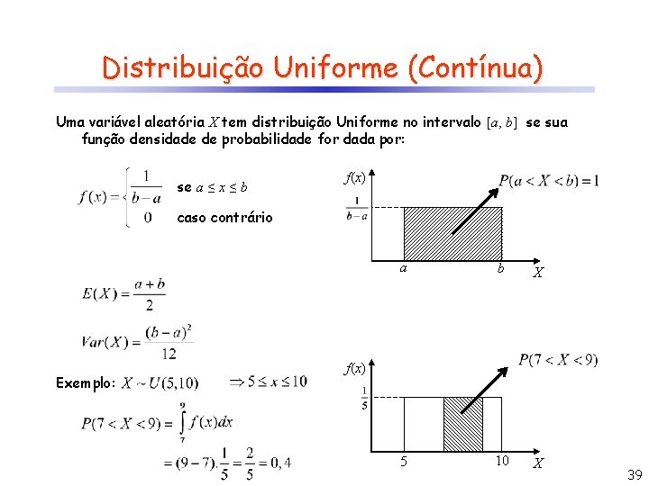 Distribuição Uniforme (Contínua) Uma variável aleatória X tem distribuição Uniforme no intervalo [a, b]