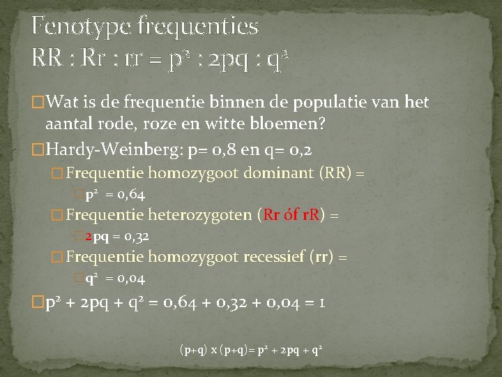 Fenotype frequenties RR : Rr : rr = p 2 : 2 pq :