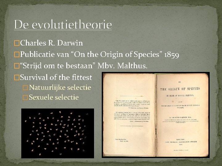 De evolutietheorie �Charles R. Darwin �Publicatie van “On the Origin of Species” 1859 �“Strijd
