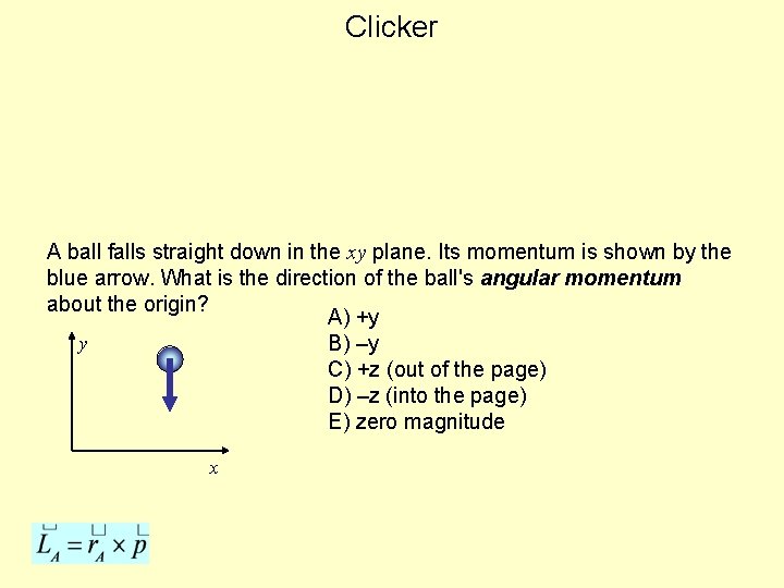 Clicker A ball falls straight down in the xy plane. Its momentum is shown