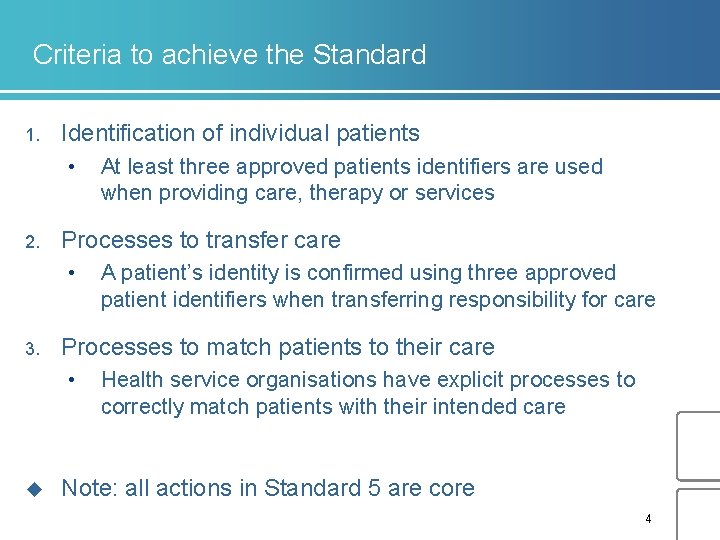 Criteria to achieve the Standard 1. Identification of individual patients • 2. Processes to