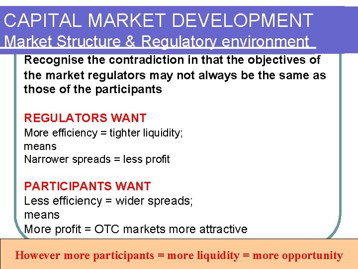 CAPITAL MARKET DEVELOPMENT Market Structure & Regulatory environment Recognise the contradiction in that the