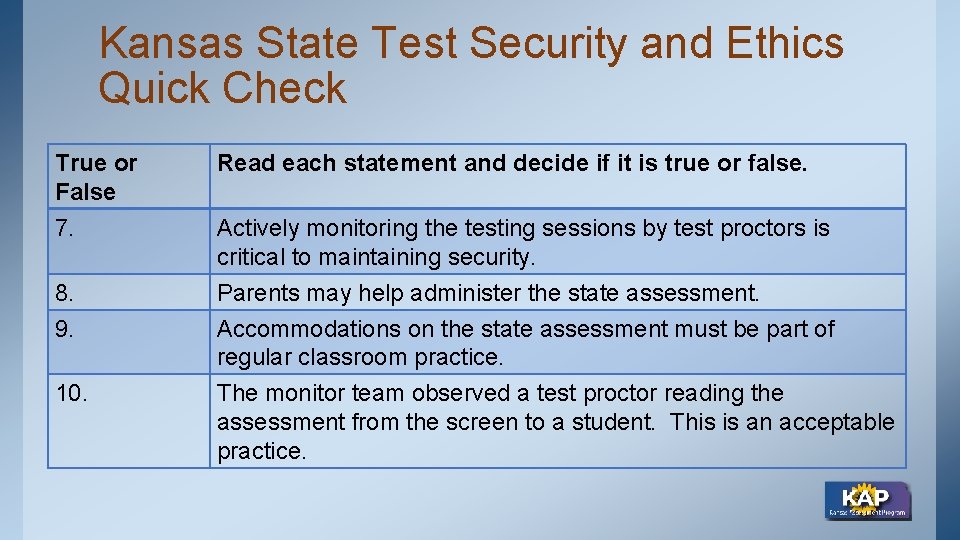 Kansas State Test Security and Ethics Quick Check True or False Read each statement