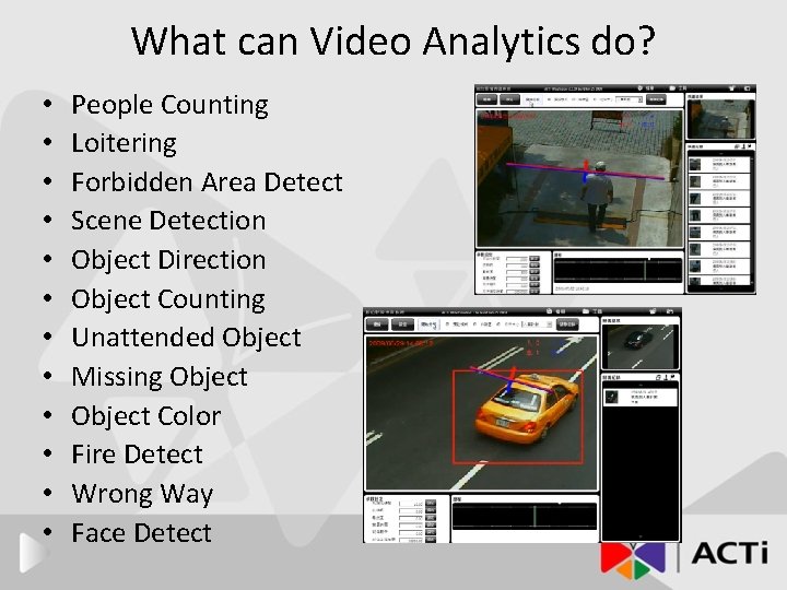 What can Video Analytics do? • • • People Counting Loitering Forbidden Area Detect