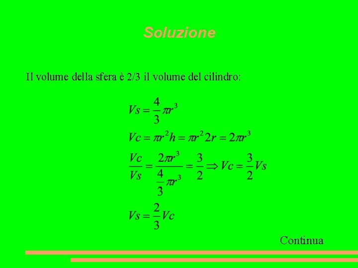 Soluzione Il volume della sfera è 2/3 il volume del cilindro: Continua 