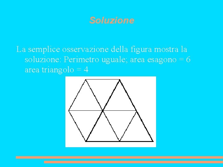 Soluzione La semplice osservazione della figura mostra la soluzione: Perimetro uguale; area esagono =