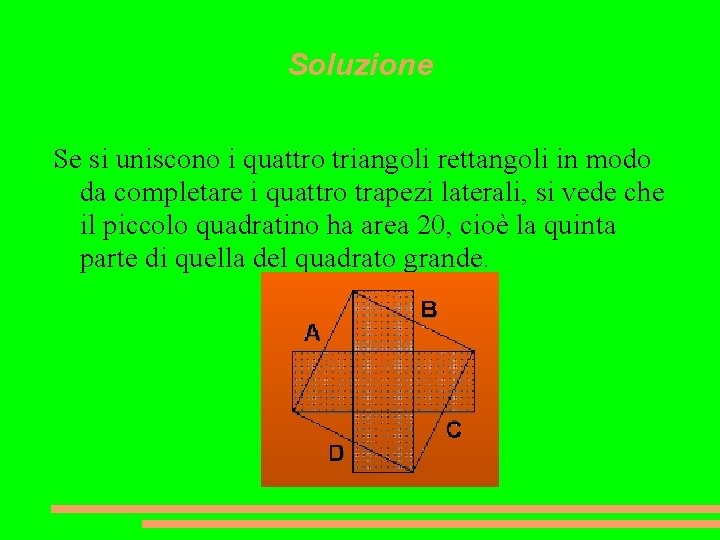 Soluzione Se si uniscono i quattro triangoli rettangoli in modo da completare i quattro