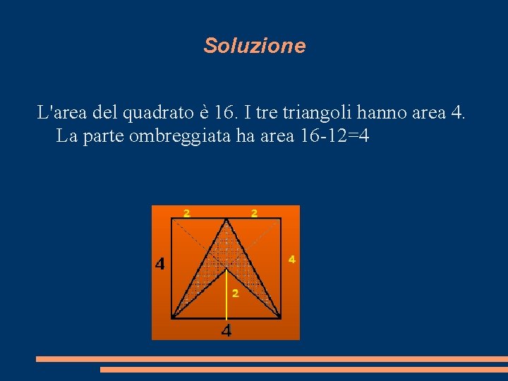 Soluzione L'area del quadrato è 16. I tre triangoli hanno area 4. La parte