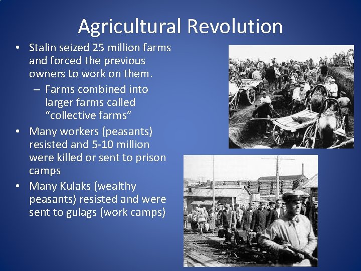 Agricultural Revolution • Stalin seized 25 million farms and forced the previous owners to