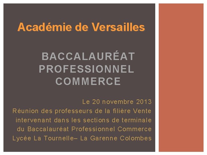 Académie de Versailles BACCALAURÉAT PROFESSIONNEL COMMERCE Le 20 novembre 2013 Réunion des professeurs de