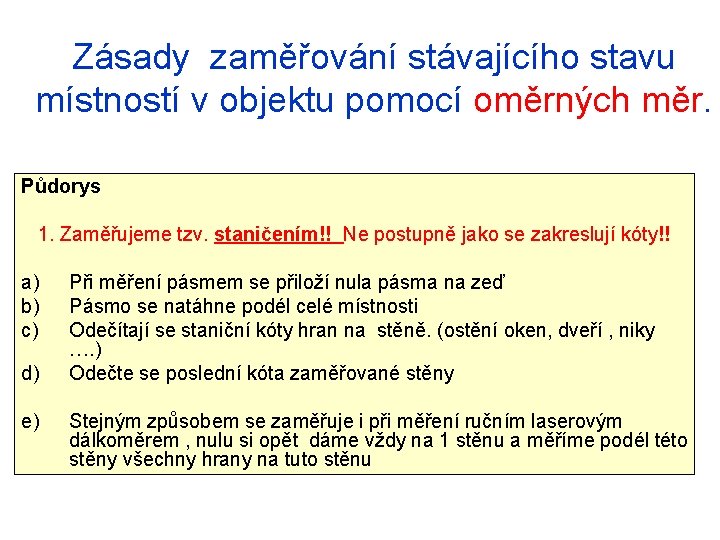 Zásady zaměřování stávajícího stavu místností v objektu pomocí oměrných měr. Půdorys 1. Zaměřujeme tzv.