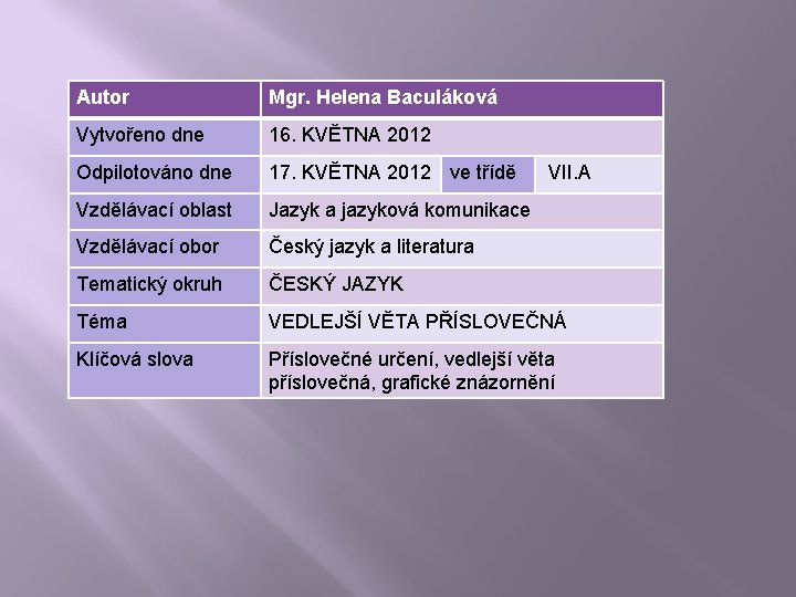 Autor Mgr. Helena Baculáková Vytvořeno dne 16. KVĚTNA 2012 Odpilotováno dne 17. KVĚTNA 2012