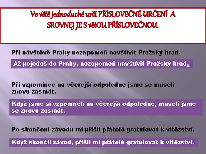 Ve větě jednoduché urči PŘÍSLOVEČNÉ URČENÍ A SROVNEJ JE S vět. OU PŘÍSLOVEČNOU. Při