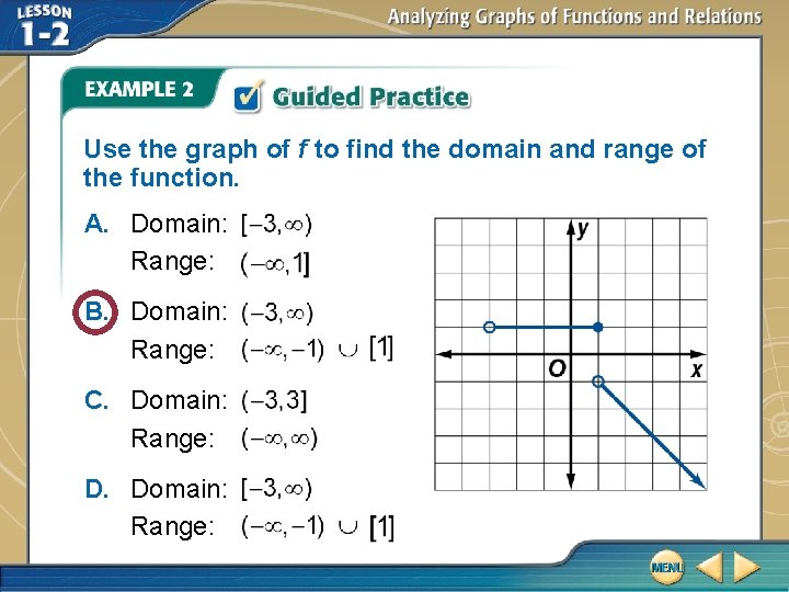 Use the graph of f to find the domain and range of the function.