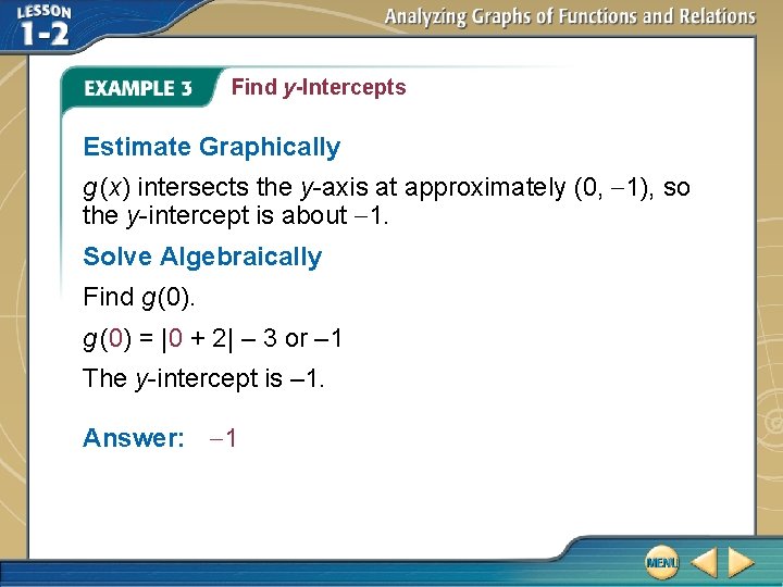 Find y-Intercepts Estimate Graphically g (x) intersects the y-axis at approximately (0, -1), so