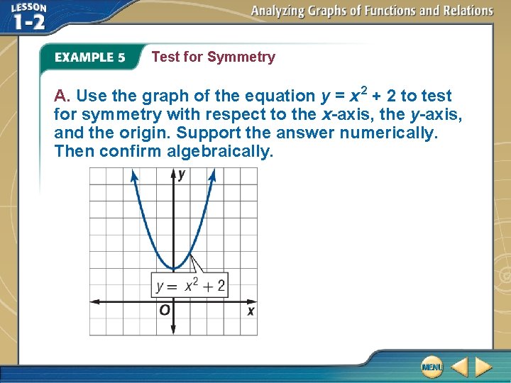 Test for Symmetry A. Use the graph of the equation y = x 2