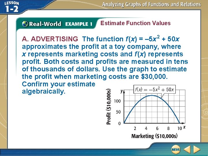 Estimate Function Values A. ADVERTISING The function f (x) = – 5 x 2