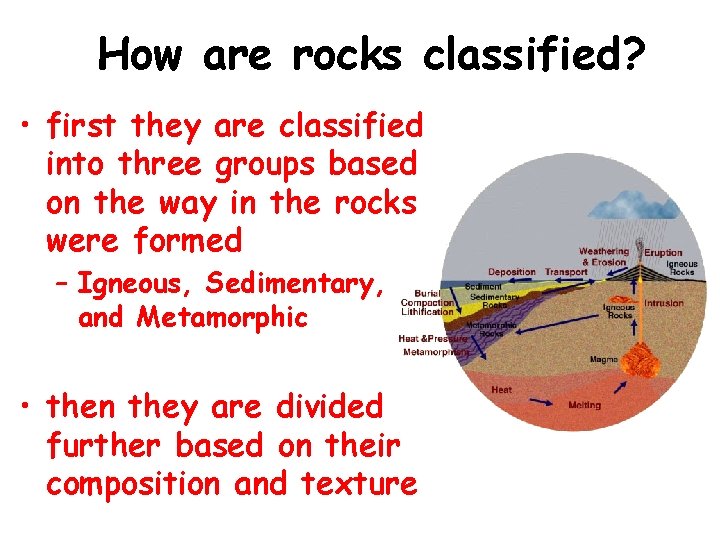 How are rocks classified? • first they are classified into three groups based on