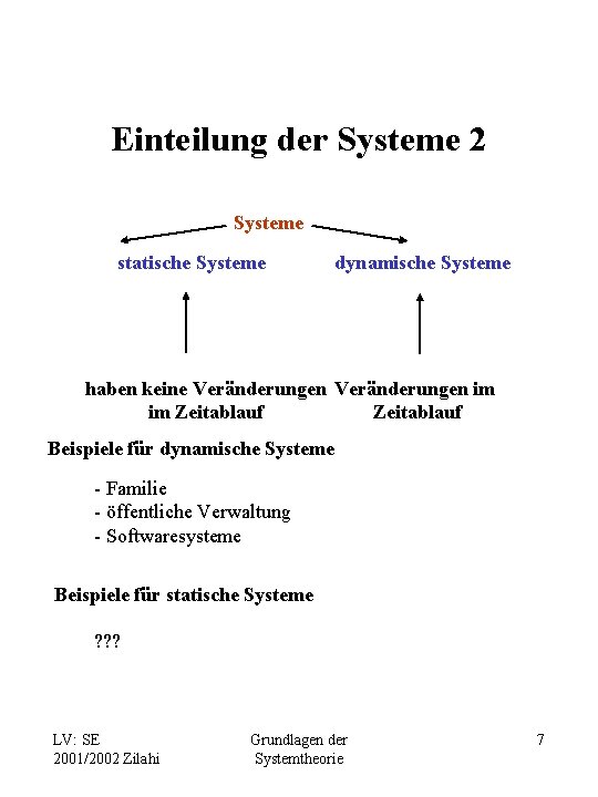 Einteilung der Systeme 2 Systeme statische Systeme dynamische Systeme haben keine Veränderungen im im