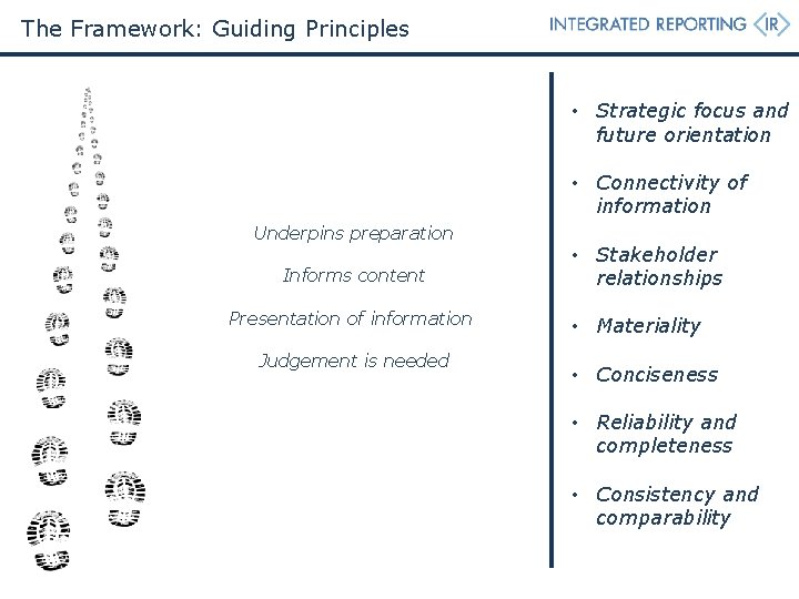 The Framework: Guiding Principles • Strategic focus and future orientation • Connectivity of information The Framework: Guiding Principles • Strategic focus and future orientation • Connectivity of information
