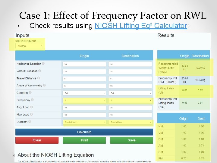 Case 1: Effect of Frequency Factor on RWL • Check results using NIOSH Lifting Case 1: Effect of Frequency Factor on RWL • Check results using NIOSH Lifting