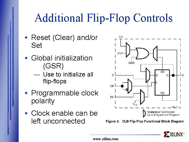 Additional Flip-Flop Controls w Reset (Clear) and/or Set w Global initialization (GSR) — Use