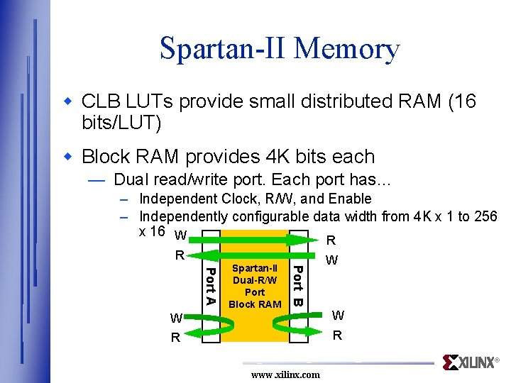 Spartan-II Memory w CLB LUTs provide small distributed RAM (16 bits/LUT) w Block RAM
