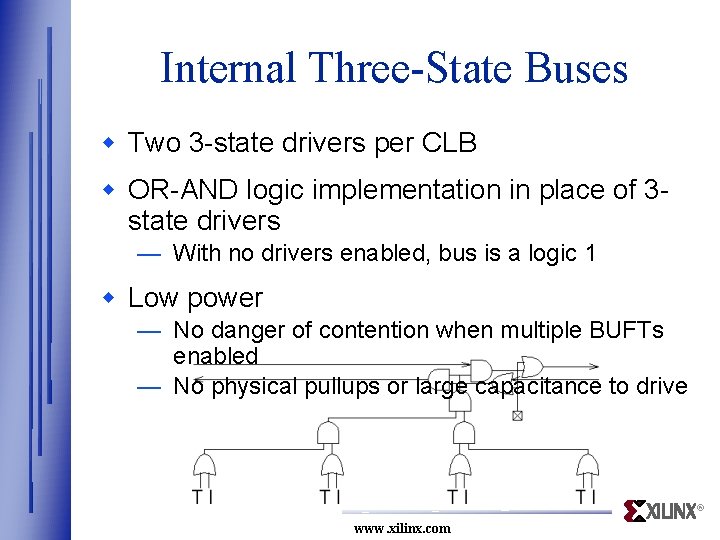 Internal Three-State Buses w Two 3 -state drivers per CLB w OR-AND logic implementation