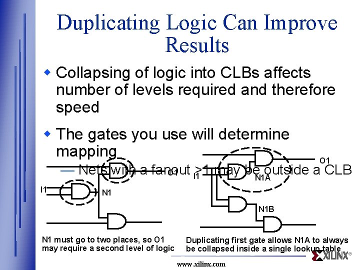 Duplicating Logic Can Improve Results w Collapsing of logic into CLBs affects number of
