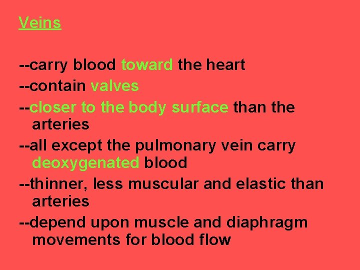 Veins --carry blood toward the heart --contain valves --closer to the body surface than