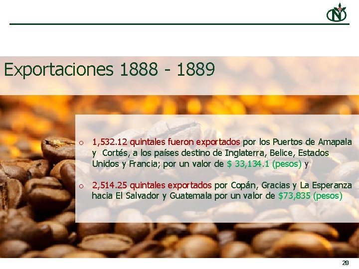 Exportaciones 1888 - 1889 o 1, 532. 12 quintales fueron exportados por los Puertos