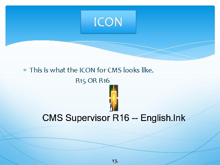 ICON This is what the ICON for CMS looks like. R 15 OR R