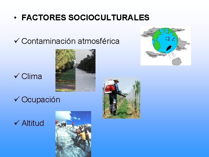  • FACTORES SOCIOCULTURALES ü Contaminación atmosférica ü Clima ü Ocupación ü Altitud 