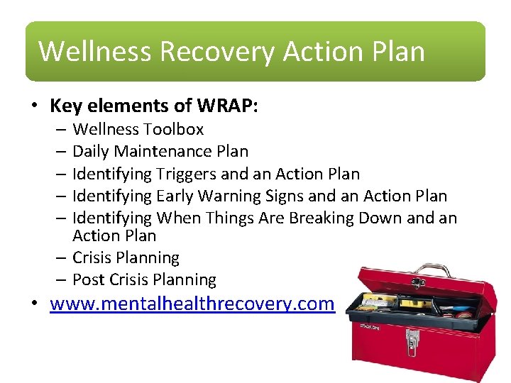 Wellness Recovery Action Plan • Key elements of WRAP: – Wellness Toolbox – Daily