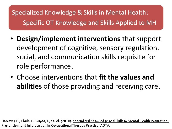 Specialized Knowledge & Skills in Mental Health: Specific OT Knowledge and Skills Applied to