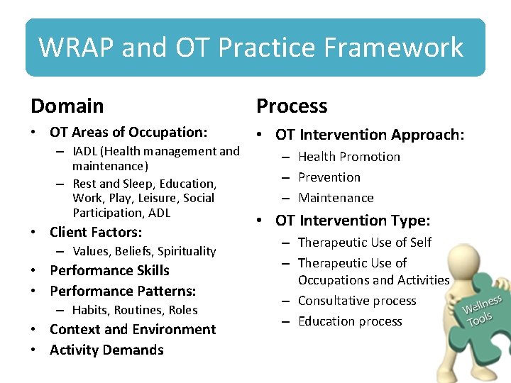 WRAP and OT Practice Framework Domain Process • OT Areas of Occupation: • OT