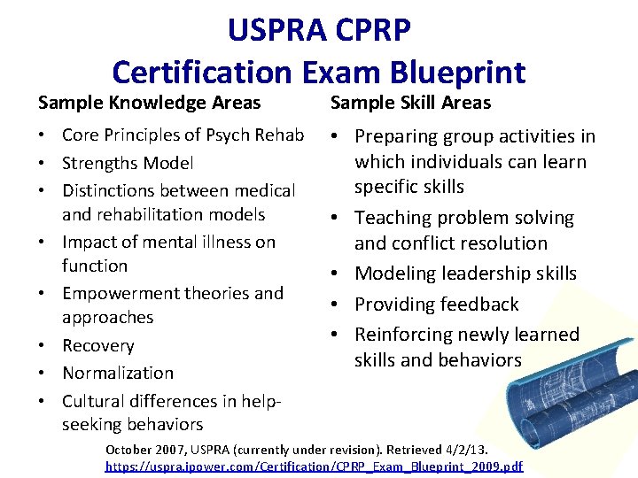 USPRA CPRP Certification Exam Blueprint Sample Knowledge Areas Sample Skill Areas • Core Principles