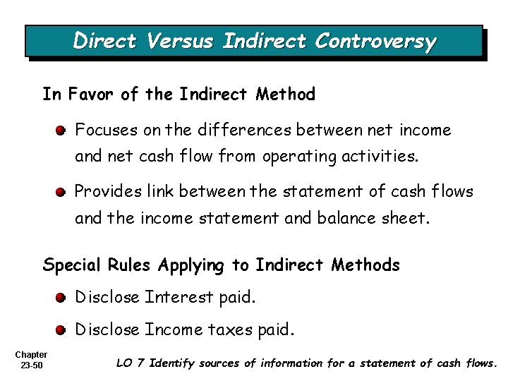 Direct Versus Indirect Controversy In Favor of the Indirect Method Focuses on the differences