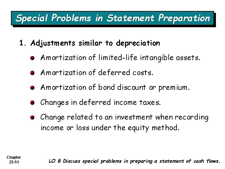 Special Problems in Statement Preparation 1. Adjustments similar to depreciation Amortization of limited-life intangible