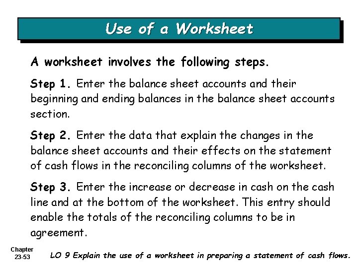 Use of a Worksheet A worksheet involves the following steps. Step 1. Enter the