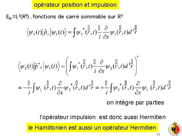 opérateur position et impulsion EH =L 2(R 3) , fonctions de carré sommable sur