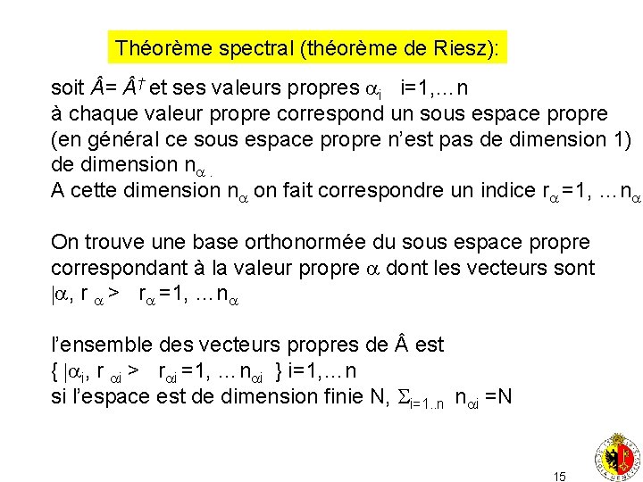 Théorème spectral (théorème de Riesz): soit = † et ses valeurs propres i i=1,