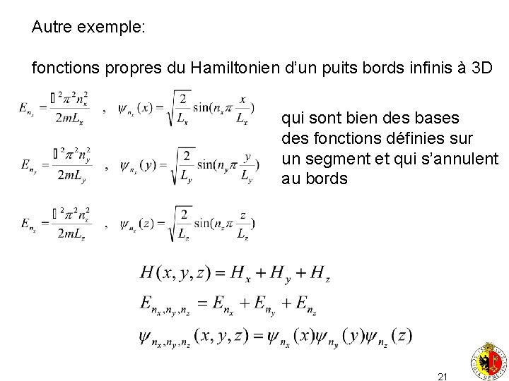 Autre exemple: fonctions propres du Hamiltonien d’un puits bords infinis à 3 D qui