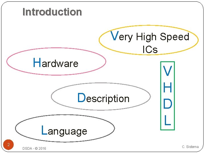 Introduction Very High Speed ICs Hardware Description Language 2 DSDA - © 2016 V Introduction Very High Speed ICs Hardware Description Language 2 DSDA - © 2016 V