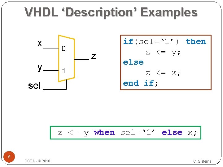 VHDL ‘Description’ Examples x y sel 0 1 z if(sel=‘ 1’) then z <=