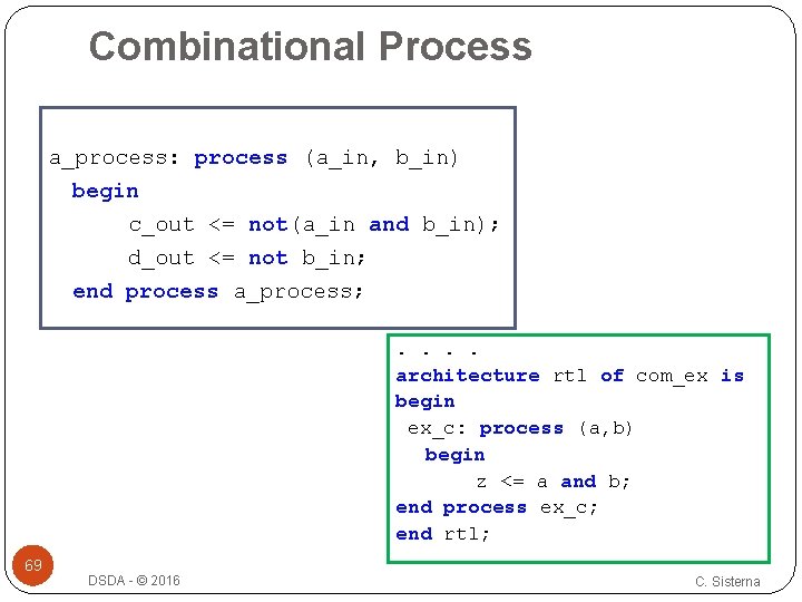 Combinational Process a_process: process (a_in, b_in) begin c_out <= not(a_in and b_in); d_out <=