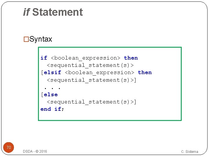 if Statement �Syntax if <boolean_expression> then <sequential_statement(s)> [elsif <boolean_expression> then <sequential_statement(s)>] . . .