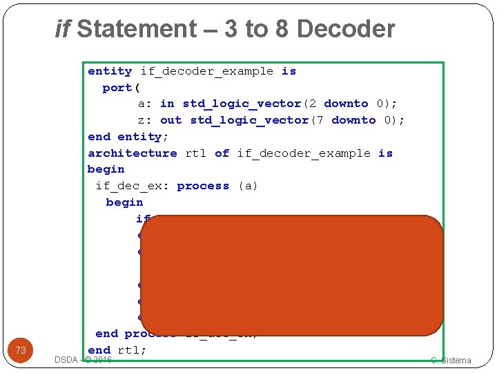 if Statement – 3 to 8 Decoder 73 entity if_decoder_example is port( a: in