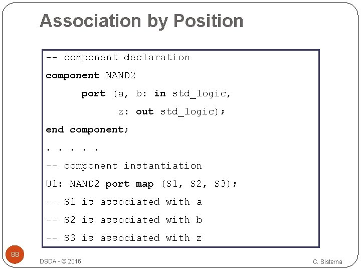 Association by Position -- component declaration component NAND 2 port (a, b: in std_logic,