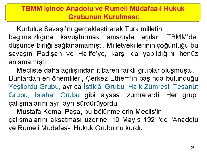 TBMM İçinde Anadolu ve Rumeli Müdafaa-i Hukuk Grubunun Kurulması: Kurtuluş Savaşı’nı gerçekleştirerek Türk milletini